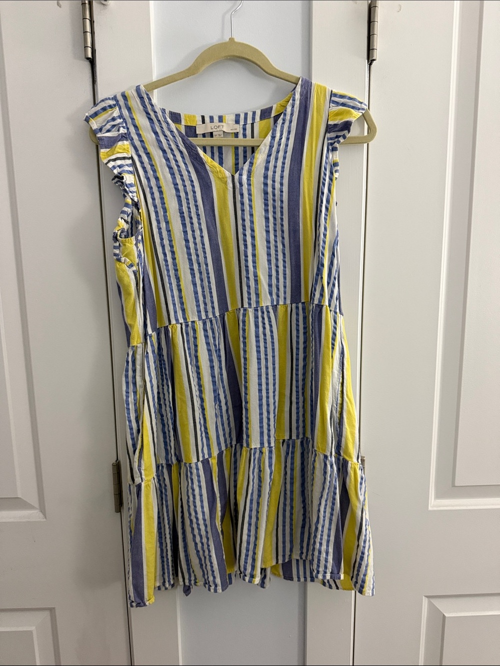 LOFT Yellow, Blue and White Striped Tiered Dress